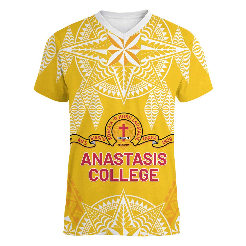 Personalised Anastasis College Women V-Neck T-Shirt Tonga Ngatu Pattern LT05 Female Yellow - Polynesian Pride