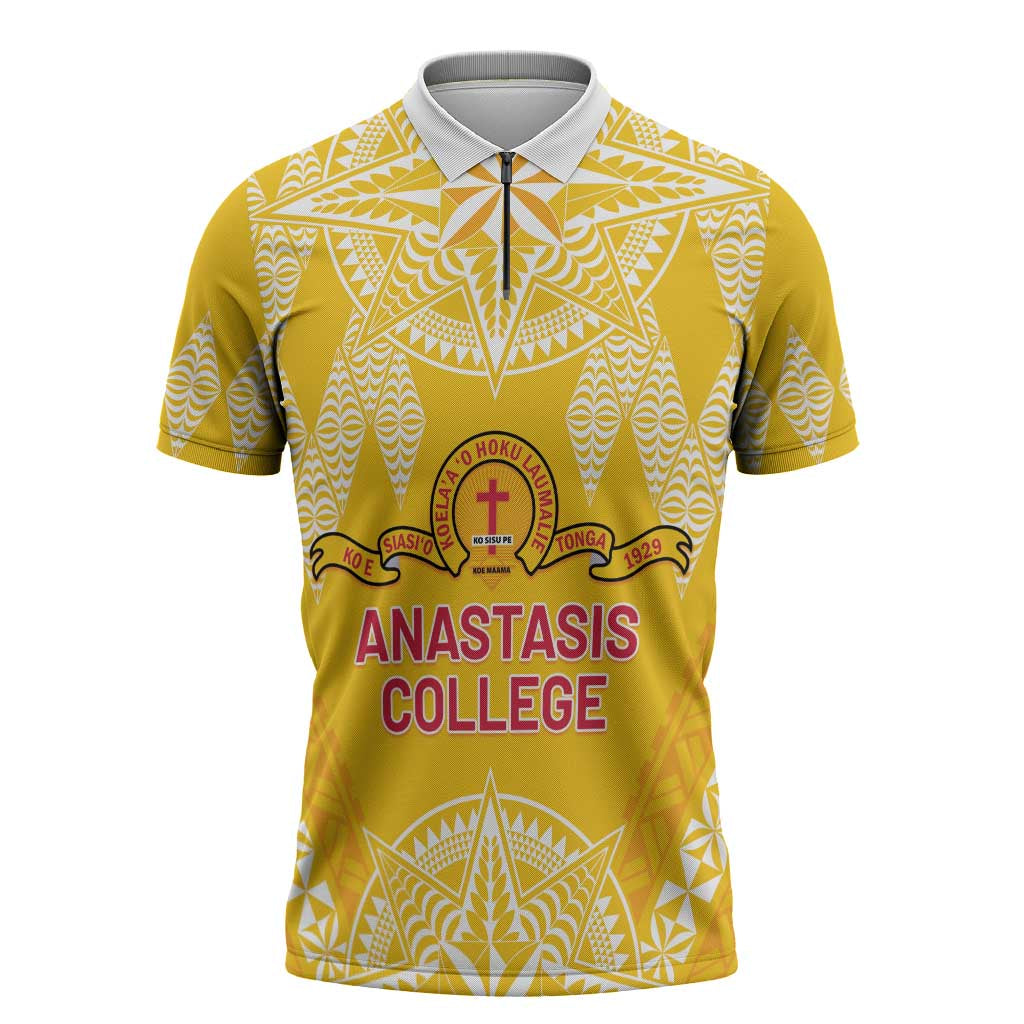 Personalised Anastasis College Zipper Polo Shirt Tonga Ngatu Pattern - Polynesian Pride