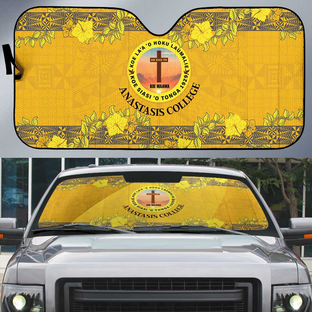 Tonga Anastasis College Auto Sun Shade Tongan Ngatu Kupesi Pattern LT05 Yellow - Polynesian Pride