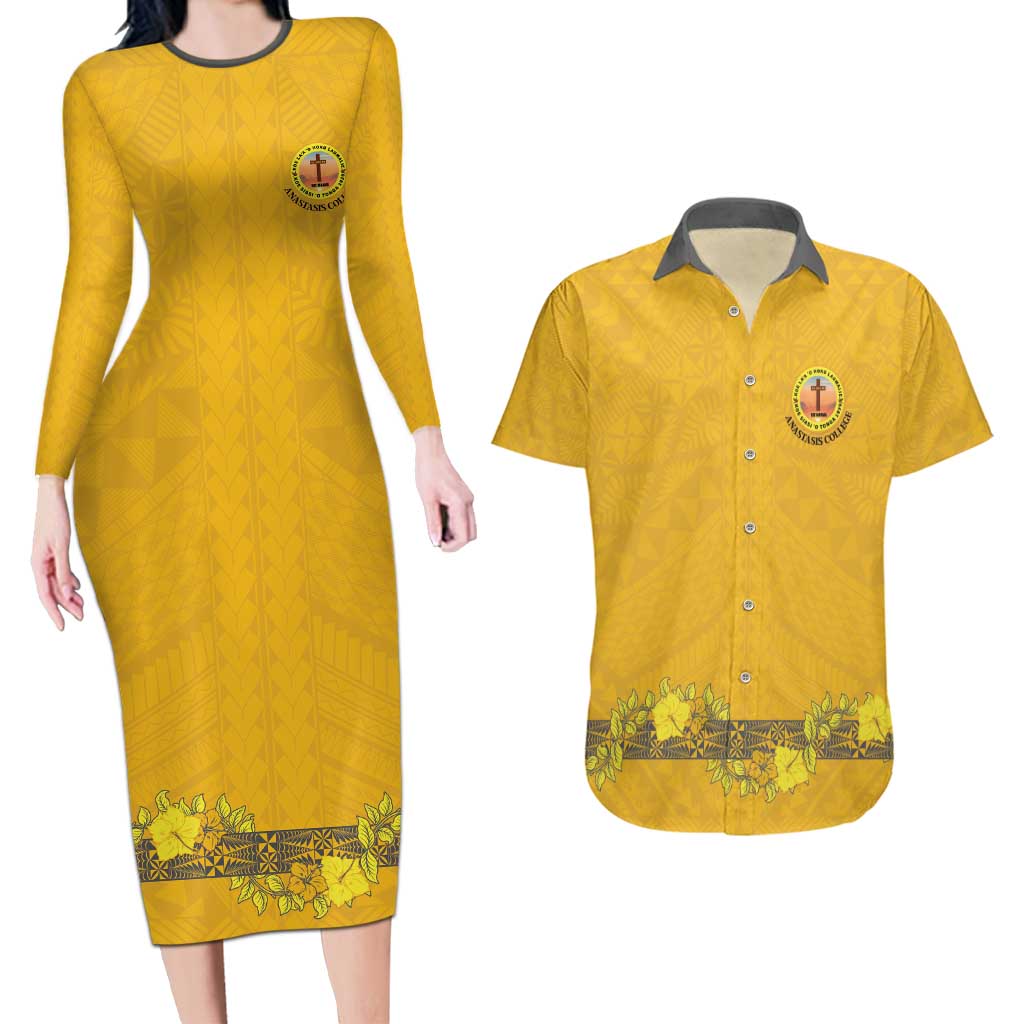 Tonga Anastasis College Couples Matching Long Sleeve Bodycon Dress and Hawaiian Shirt Tongan Ngatu Kupesi Pattern - Polynesian Pride