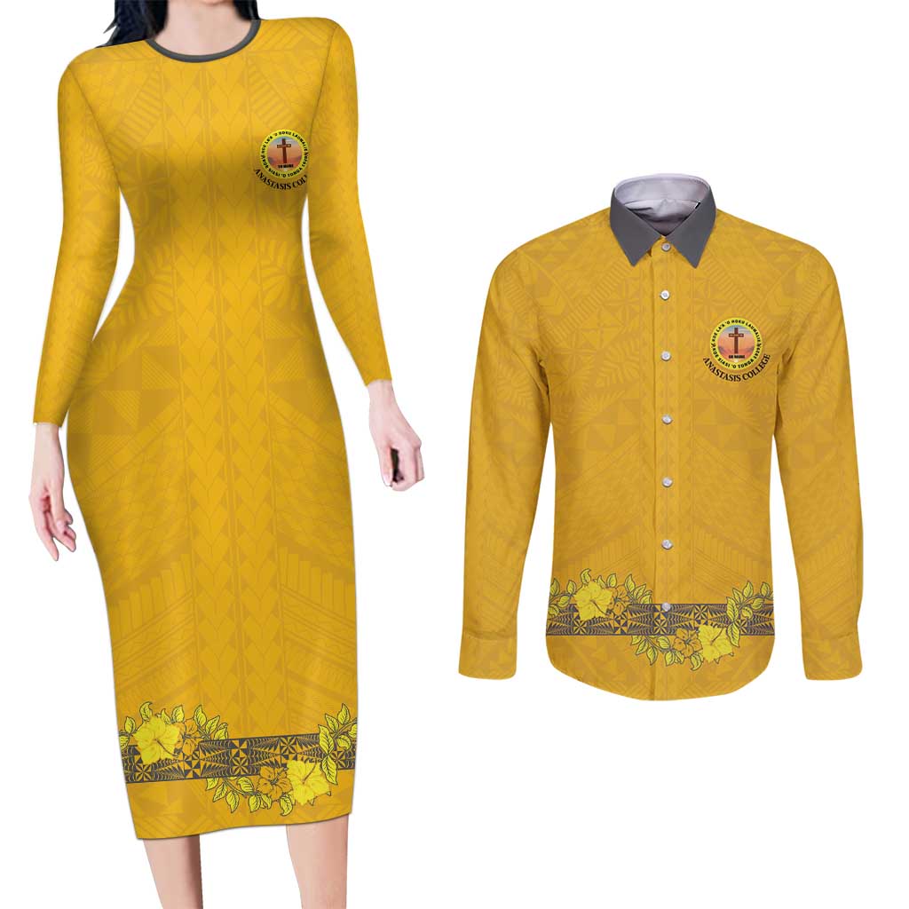 Tonga Anastasis College Couples Matching Long Sleeve Bodycon Dress and Long Sleeve Button Shirt Tongan Ngatu Kupesi Pattern - Polynesian Pride