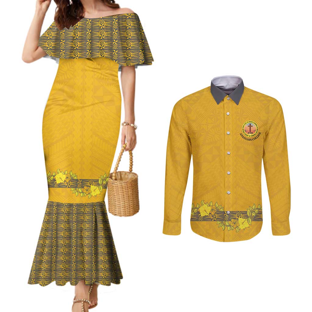 Tonga Anastasis College Couples Matching Mermaid Dress and Long Sleeve Button Shirt Tongan Ngatu Kupesi Pattern - Polynesian Pride