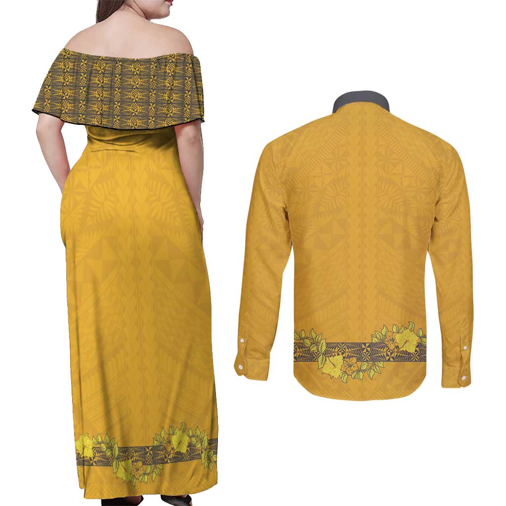 Tonga Anastasis College Couples Matching Off Shoulder Maxi Dress and Long Sleeve Button Shirt Tongan Ngatu Kupesi Pattern - Polynesian Pride