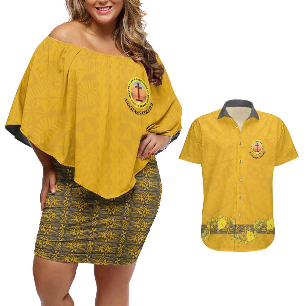 Tonga Anastasis College Couples Matching Off Shoulder Short Dress and Hawaiian Shirt Tongan Ngatu Kupesi Pattern - Polynesian Pride