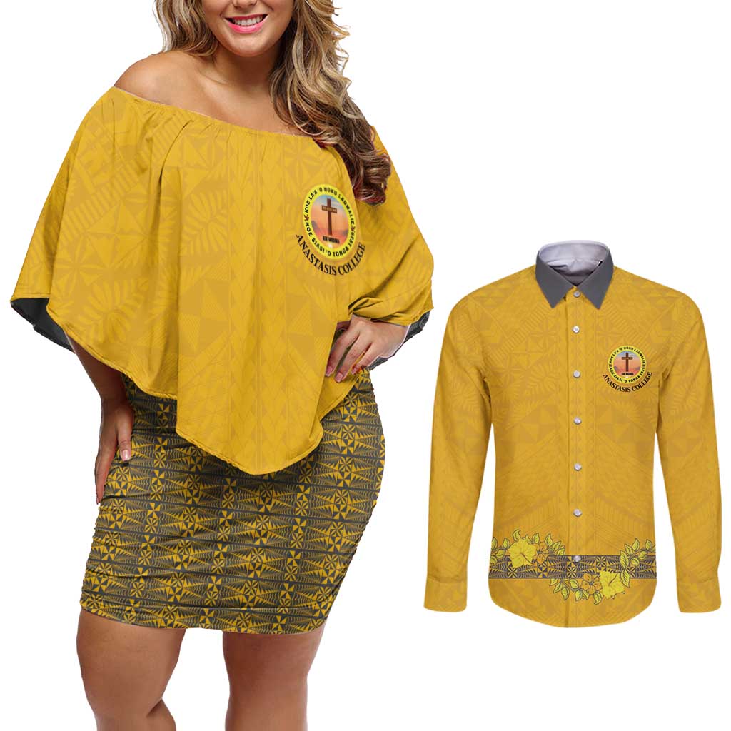 Tonga Anastasis College Couples Matching Off Shoulder Short Dress and Long Sleeve Button Shirt Tongan Ngatu Kupesi Pattern - Polynesian Pride