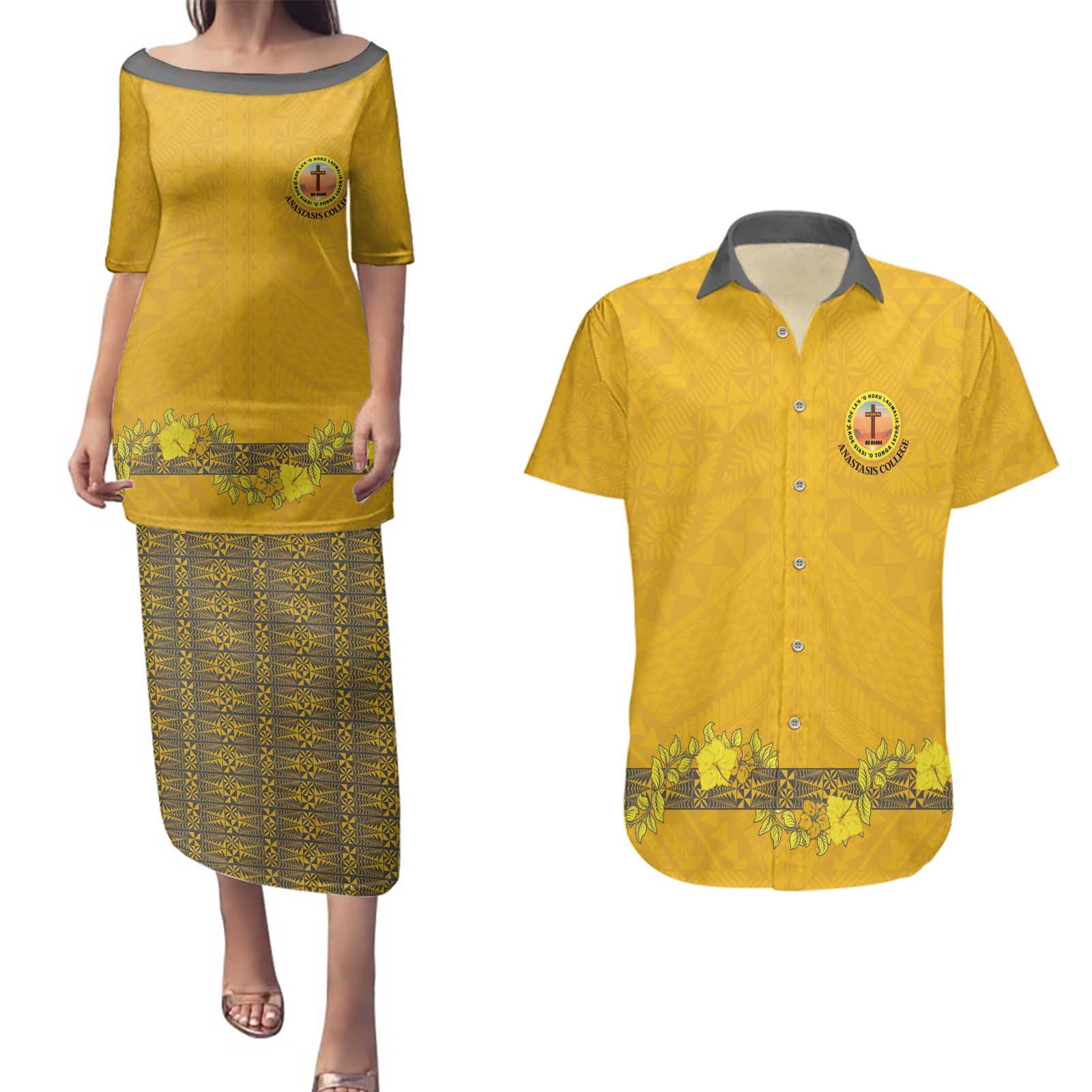 Tonga Anastasis College Couples Matching Puletasi and Hawaiian Shirt Tongan Ngatu Kupesi Pattern - Polynesian Pride