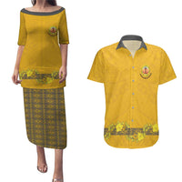 Tonga Anastasis College Couples Matching Puletasi and Hawaiian Shirt Tongan Ngatu Kupesi Pattern LT05 Yellow - Polynesian Pride