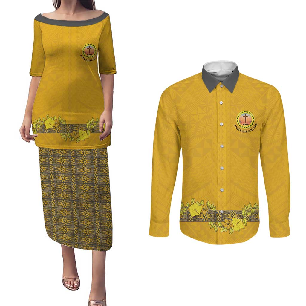 Tonga Anastasis College Couples Matching Puletasi and Long Sleeve Button Shirt Tongan Ngatu Kupesi Pattern LT05 Yellow - Polynesian Pride