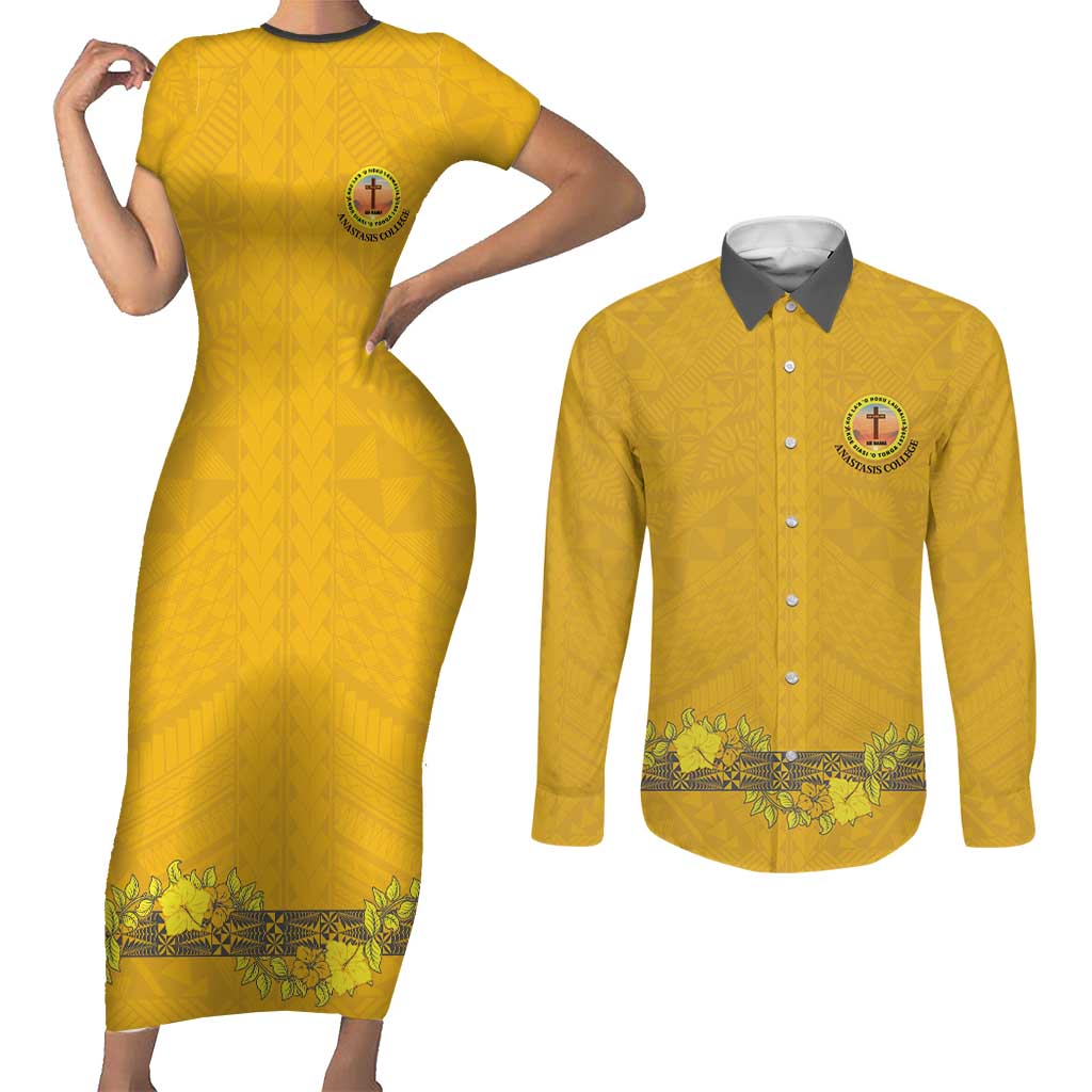 Tonga Anastasis College Couples Matching Short Sleeve Bodycon Dress and Long Sleeve Button Shirt Tongan Ngatu Kupesi Pattern LT05 Yellow - Polynesian Pride