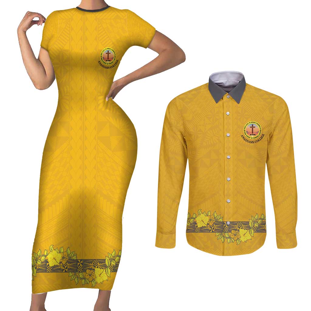 Tonga Anastasis College Couples Matching Short Sleeve Bodycon Dress and Long Sleeve Button Shirt Tongan Ngatu Kupesi Pattern - Polynesian Pride