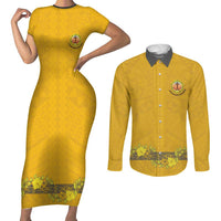 Tonga Anastasis College Couples Matching Short Sleeve Bodycon Dress and Long Sleeve Button Shirt Tongan Ngatu Kupesi Pattern LT05 Yellow - Polynesian Pride
