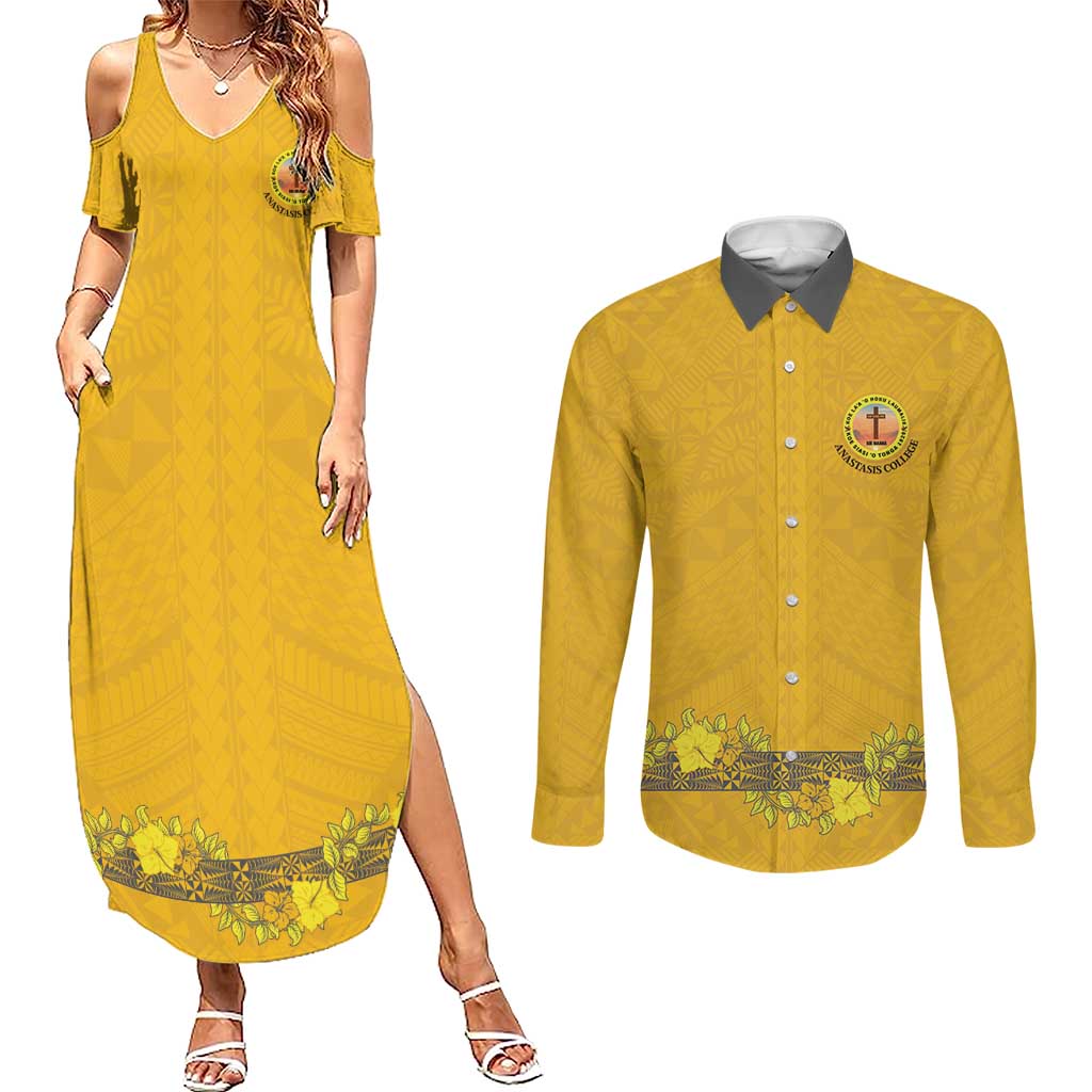 Tonga Anastasis College Couples Matching Summer Maxi Dress and Long Sleeve Button Shirt Tongan Ngatu Kupesi Pattern LT05 Yellow - Polynesian Pride