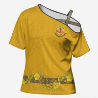 Tonga Anastasis College Cross Shoulder Shirt Tongan Ngatu Kupesi Pattern LT05 Female Yellow - Polynesian Pride