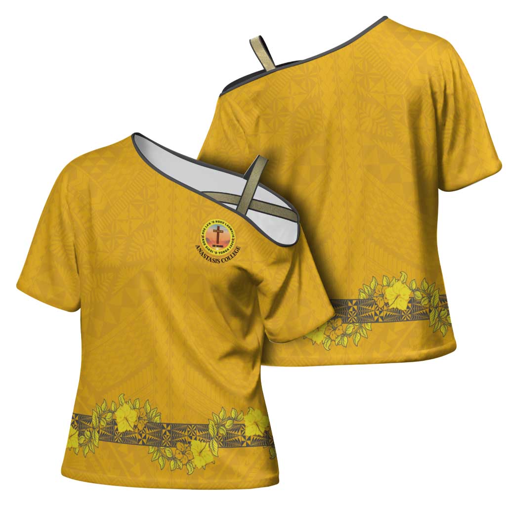 Tonga Anastasis College Cross Shoulder Shirt Tongan Ngatu Kupesi Pattern LT05 - Polynesian Pride