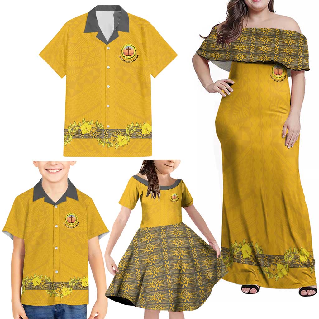 Tonga Anastasis College Family Matching Off Shoulder Maxi Dress and Hawaiian Shirt Tongan Ngatu Kupesi Pattern - Polynesian Pride