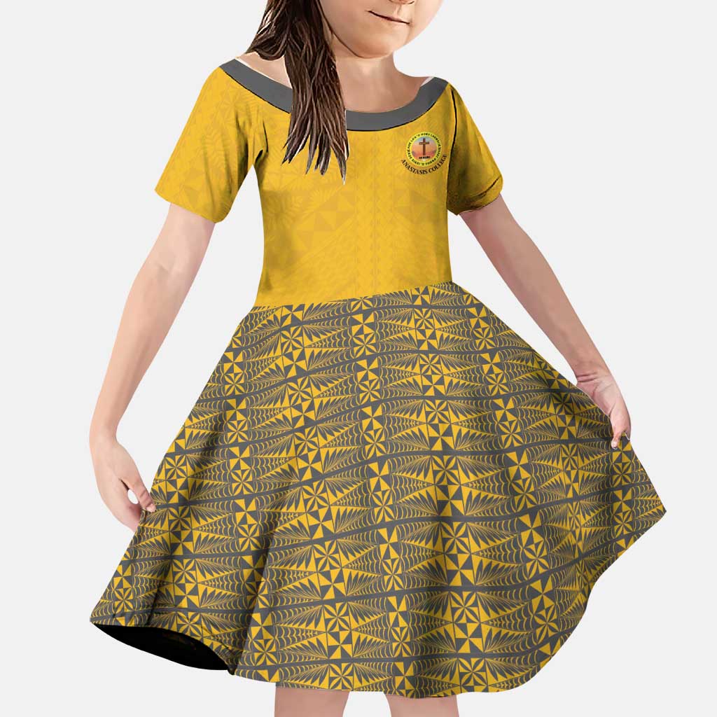 Tonga Anastasis College Family Matching Puletasi and Hawaiian Shirt Tongan Ngatu Kupesi Pattern LT05 Daughter's Dress Yellow - Polynesian Pride
