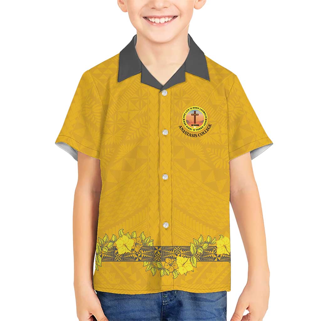 Tonga Anastasis College Family Matching Puletasi and Hawaiian Shirt Tongan Ngatu Kupesi Pattern LT05 Son's Shirt Yellow - Polynesian Pride