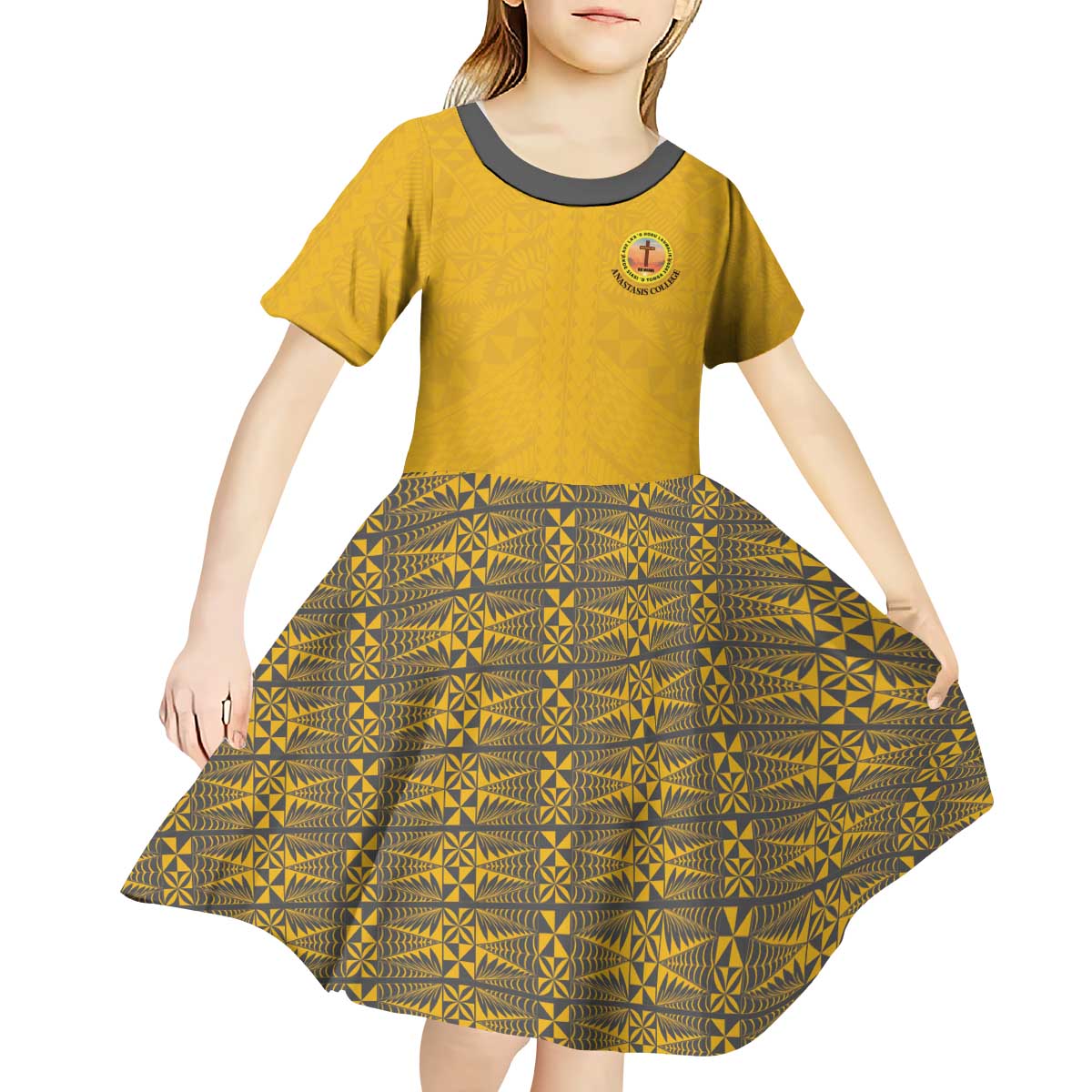 Tonga Anastasis College Kid Short Sleeve Dress Tongan Ngatu Kupesi Pattern - Polynesian Pride