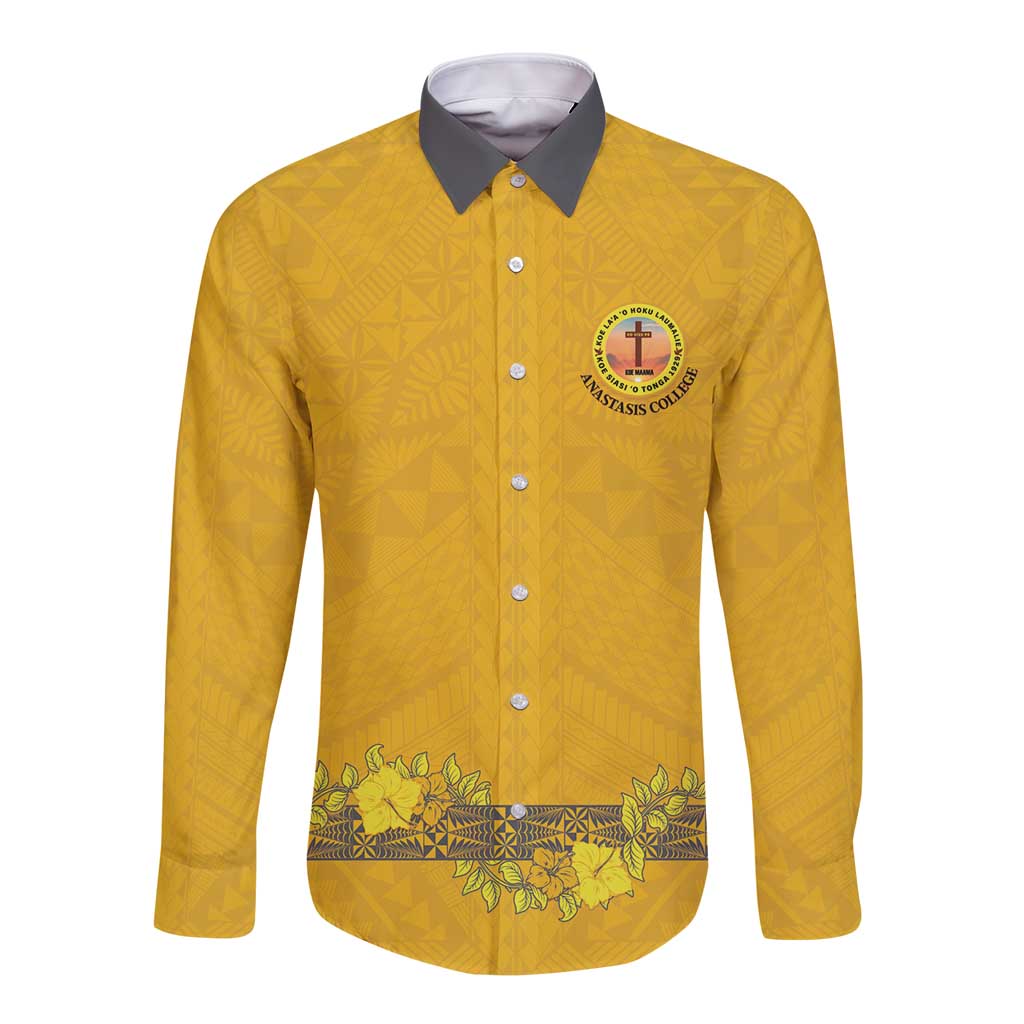 Tonga Anastasis College Long Sleeve Button Shirt Tongan Ngatu Kupesi Pattern LT05 Unisex Yellow - Polynesian Pride