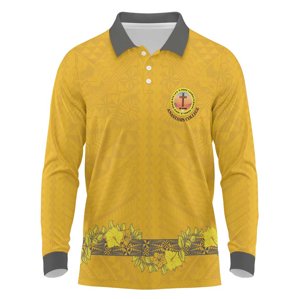 Tonga Anastasis College Long Sleeve Polo Shirt Tongan Ngatu Kupesi Pattern LT05 Yellow - Polynesian Pride