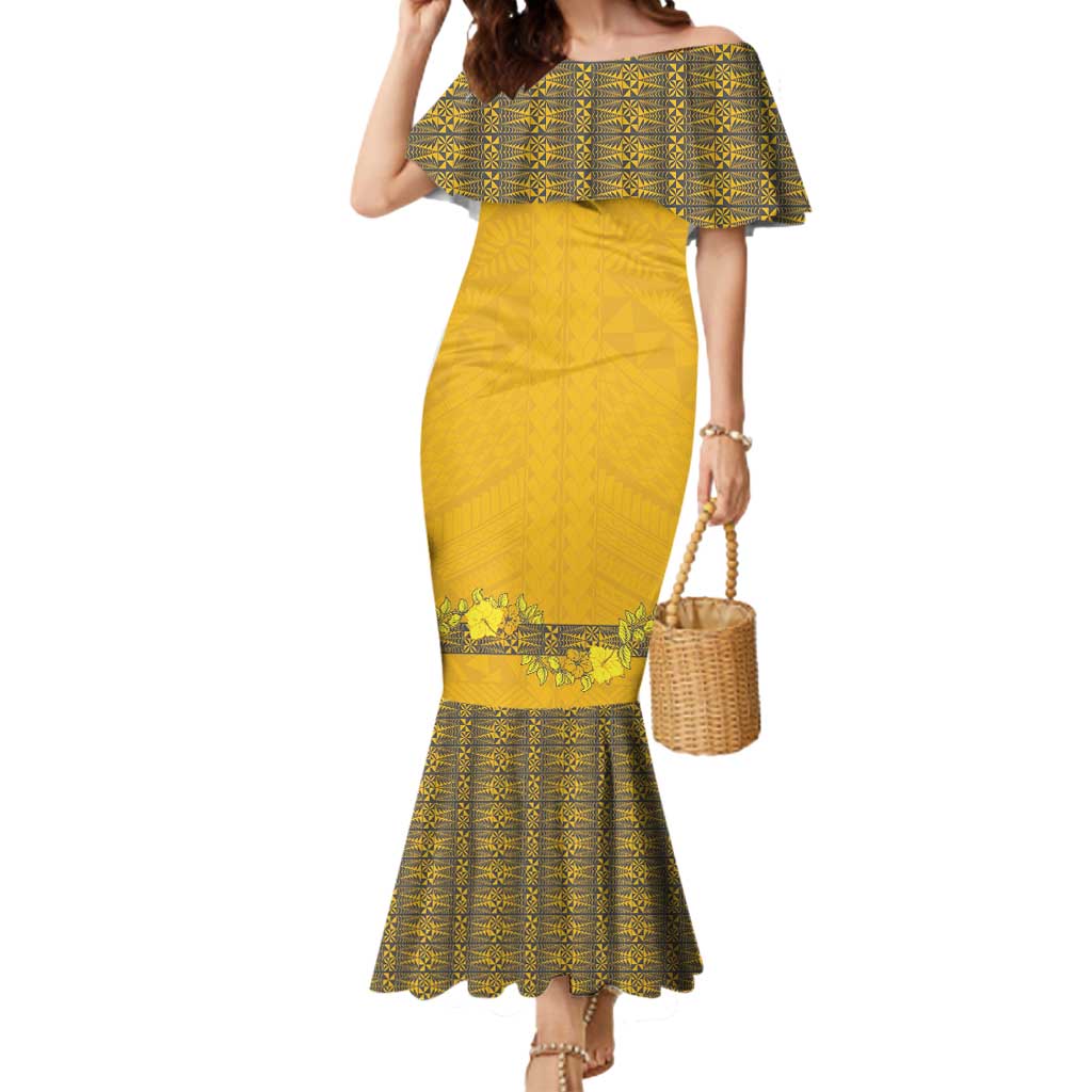 Tonga Anastasis College Mermaid Dress Tongan Ngatu Kupesi Pattern LT05 Women Yellow - Polynesian Pride