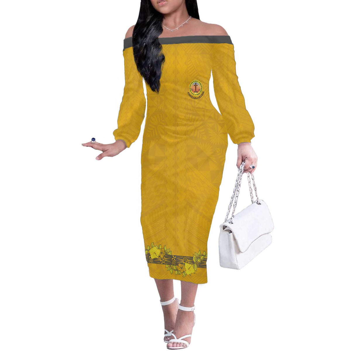 Tonga Anastasis College Off The Shoulder Long Sleeve Dress Tongan Ngatu Kupesi Pattern LT05 Women Yellow - Polynesian Pride