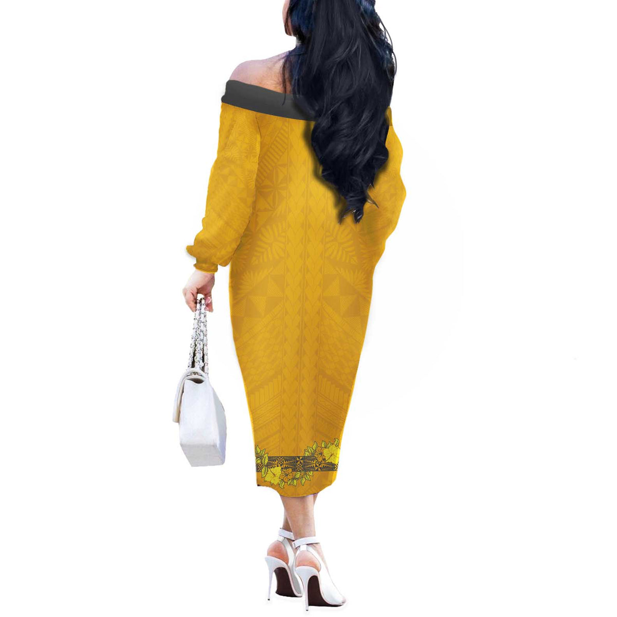 Tonga Anastasis College Off The Shoulder Long Sleeve Dress Tongan Ngatu Kupesi Pattern LT05 - Polynesian Pride