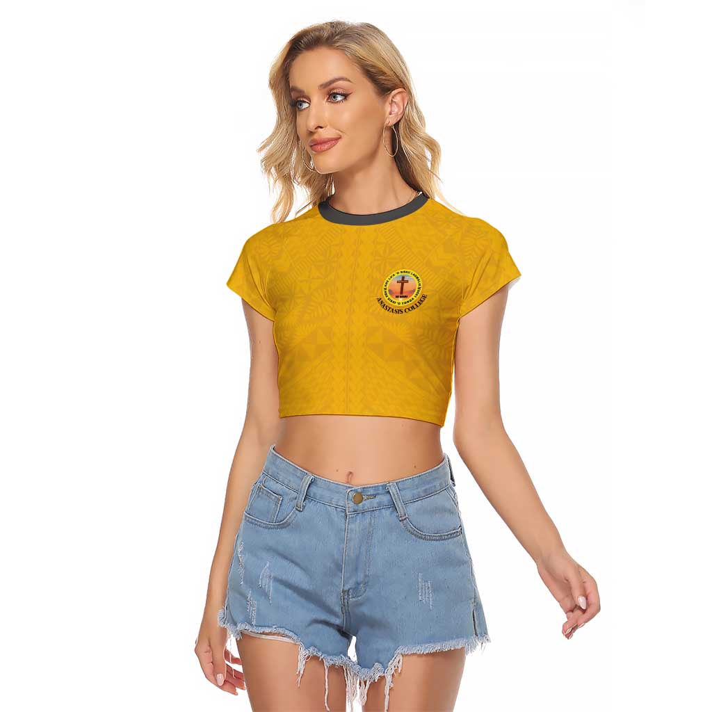 Tonga Anastasis College Raglan Cropped T Shirt Tongan Ngatu Kupesi Pattern LT05 Female Yellow - Polynesian Pride