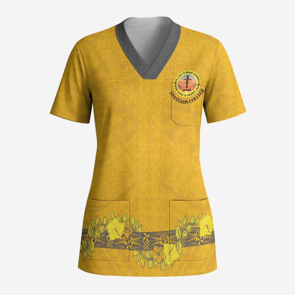 Tonga Anastasis College Scrub Top Tongan Ngatu Kupesi Pattern LT05 Adult Yellow - Polynesian Pride