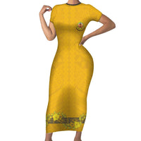 Tonga Anastasis College Short Sleeve Bodycon Dress Tongan Ngatu Kupesi Pattern LT05 Long Dress Yellow - Polynesian Pride