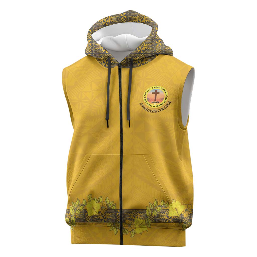Tonga Anastasis College Sleeveless Zip Hoodie Tongan Ngatu Kupesi Pattern LT05 Yellow - Polynesian Pride