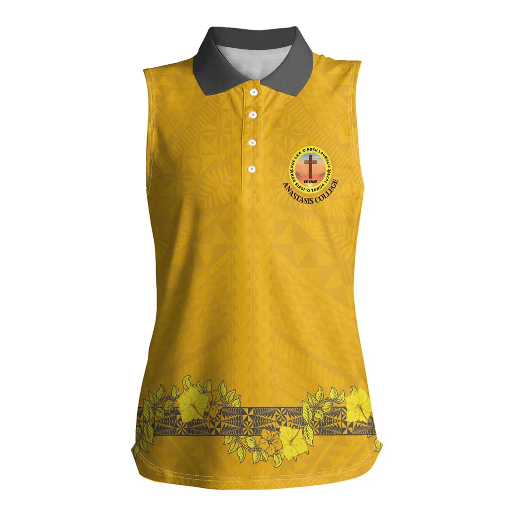 Tonga Anastasis College Women Sleeveless Polo Shirt Tongan Ngatu Kupesi Pattern LT05 Female Yellow - Polynesian Pride