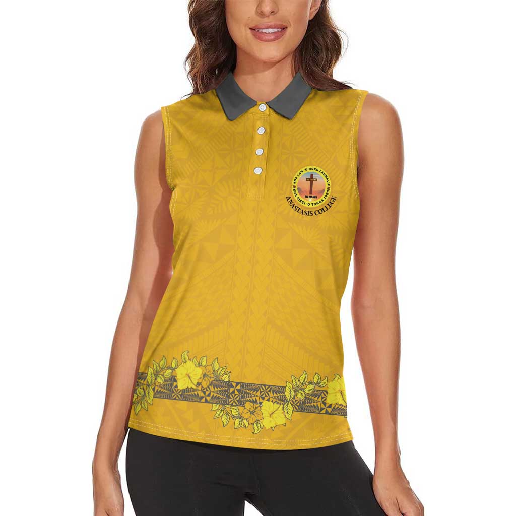 Tonga Anastasis College Women Sleeveless Polo Shirt Tongan Ngatu Kupesi Pattern LT05 - Polynesian Pride