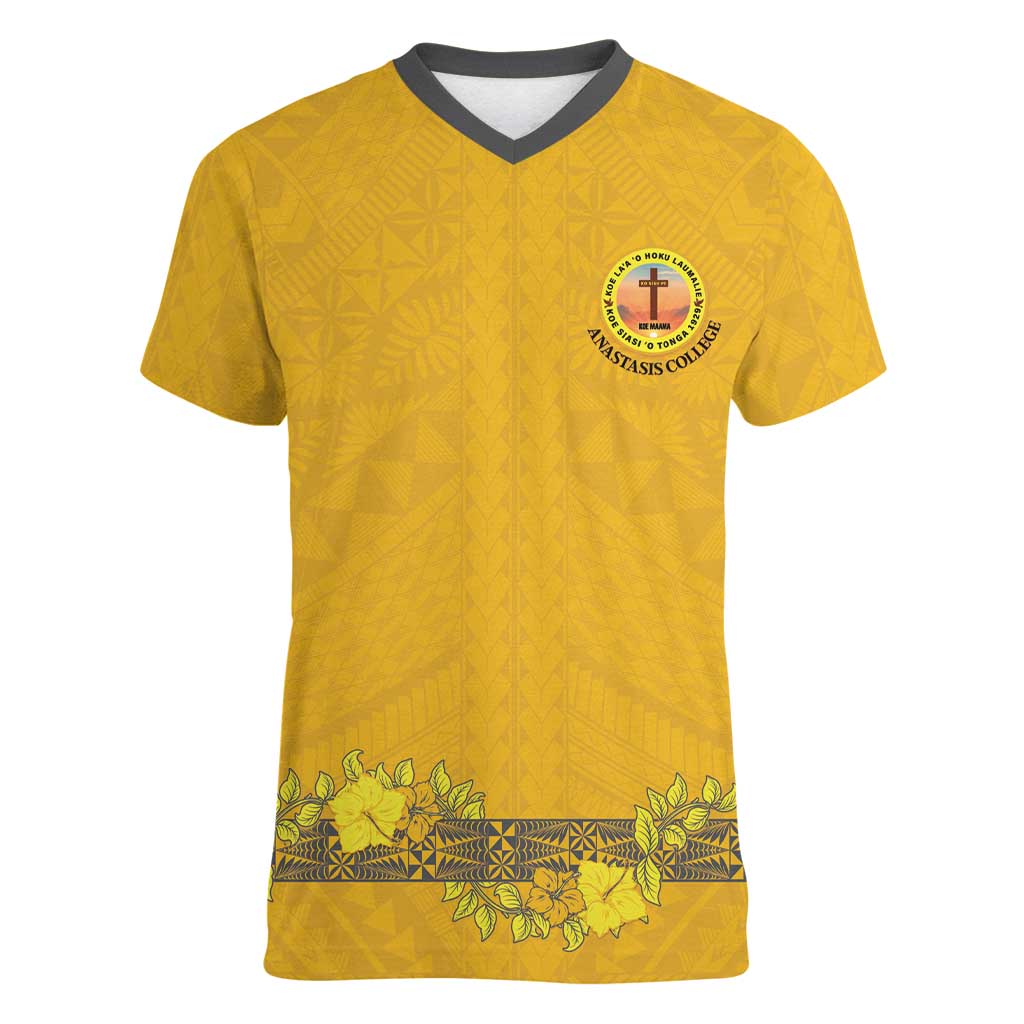 Tonga Anastasis College Women V-Neck T-Shirt Tongan Ngatu Kupesi Pattern LT05 Female Yellow - Polynesian Pride
