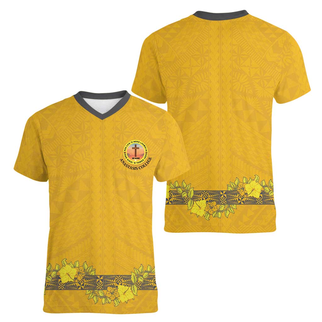 Tonga Anastasis College Women V-Neck T-Shirt Tongan Ngatu Kupesi Pattern LT05 - Polynesian Pride