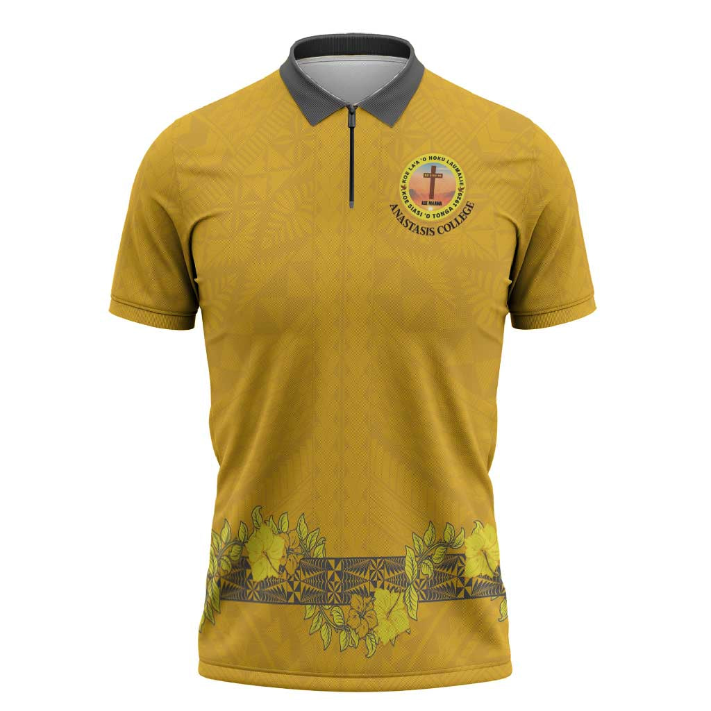 Tonga Anastasis College Zipper Polo Shirt Tongan Ngatu Kupesi Pattern LT05 Yellow - Polynesian Pride