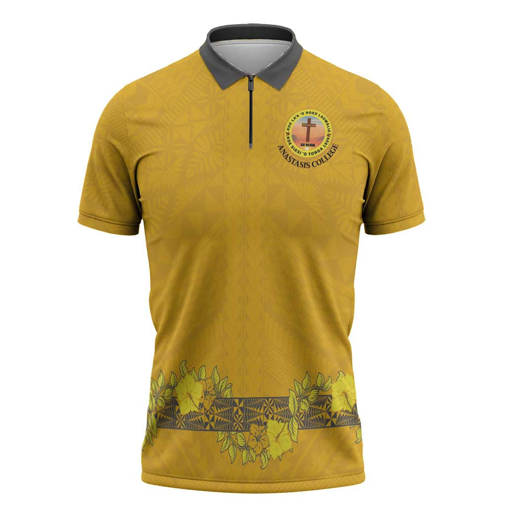 Tonga Anastasis College Zipper Polo Shirt Tongan Ngatu Kupesi Pattern - Polynesian Pride