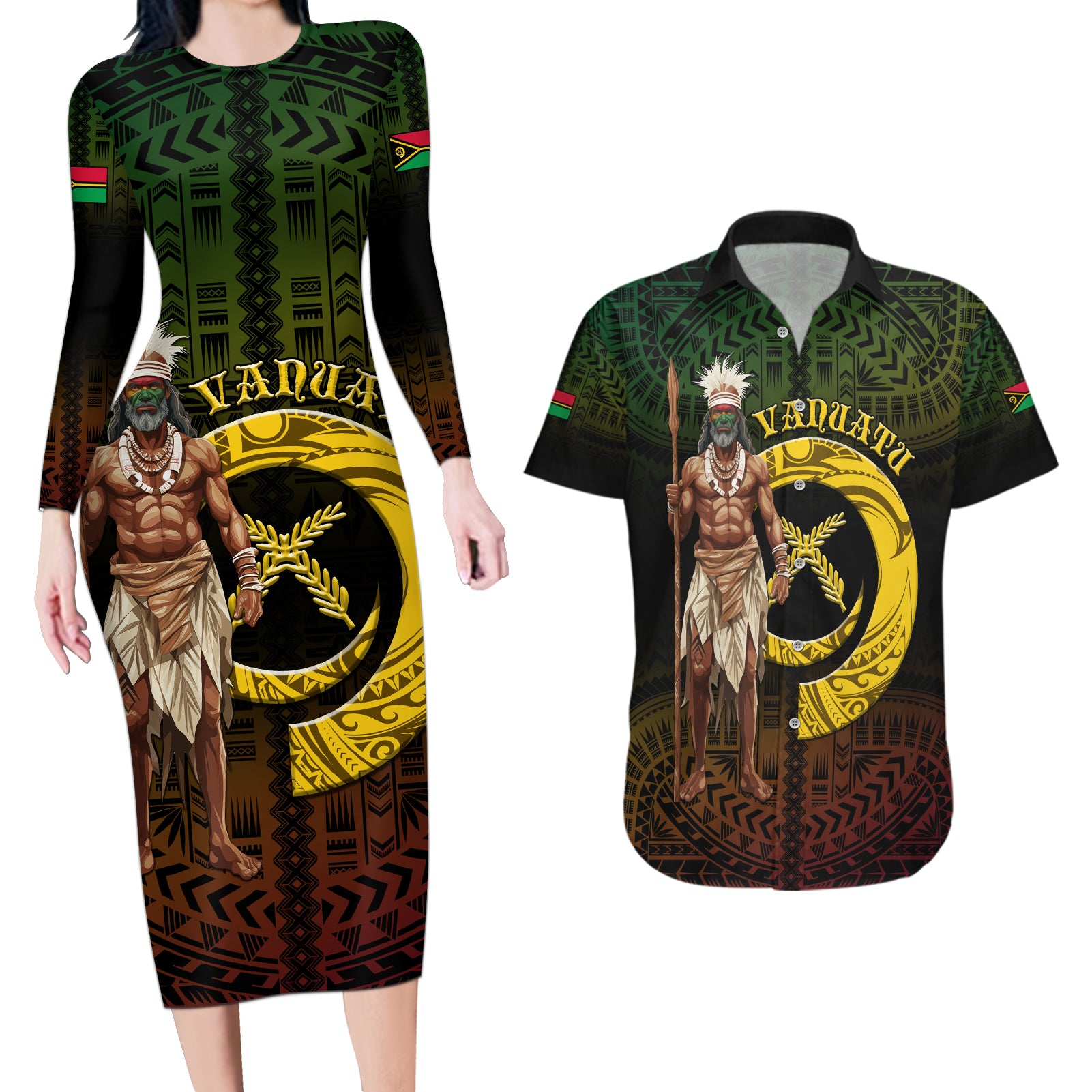 Personalised Vanuatu Custom Chiefs Day Couples Matching Long Sleeve Bodycon Dress and Hawaiian Shirt Pig Tusk Simple Style LT05 Black - Polynesian Pride