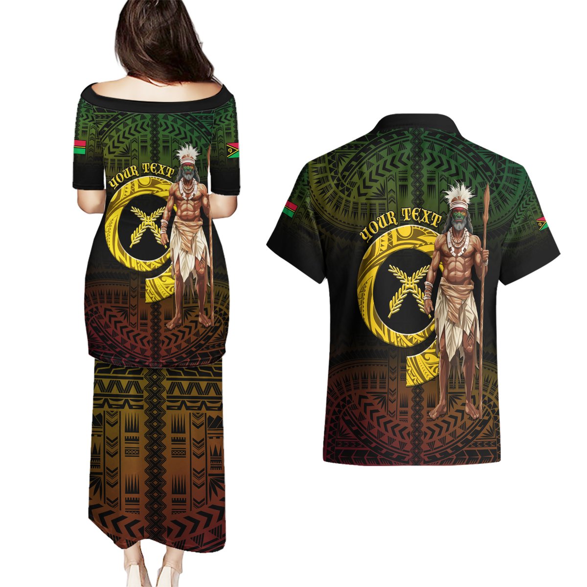 Personalised Vanuatu Custom Chiefs Day Couples Matching Puletasi and Hawaiian Shirt Pig Tusk Simple Style LT05 - Polynesian Pride