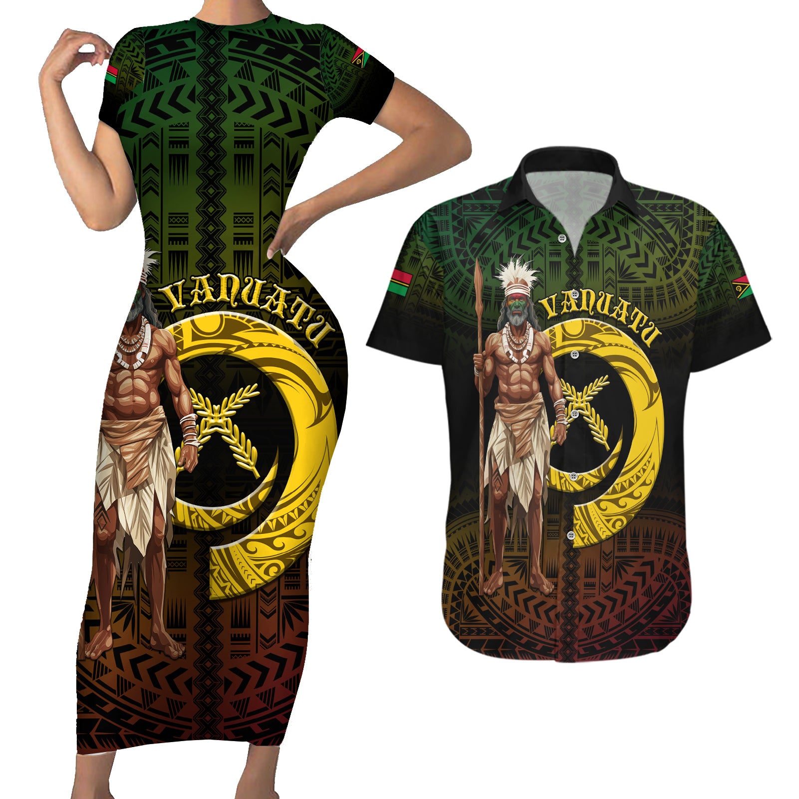 Personalised Vanuatu Custom Chiefs Day Couples Matching Short Sleeve Bodycon Dress and Hawaiian Shirt Pig Tusk Simple Style LT05 Black - Polynesian Pride