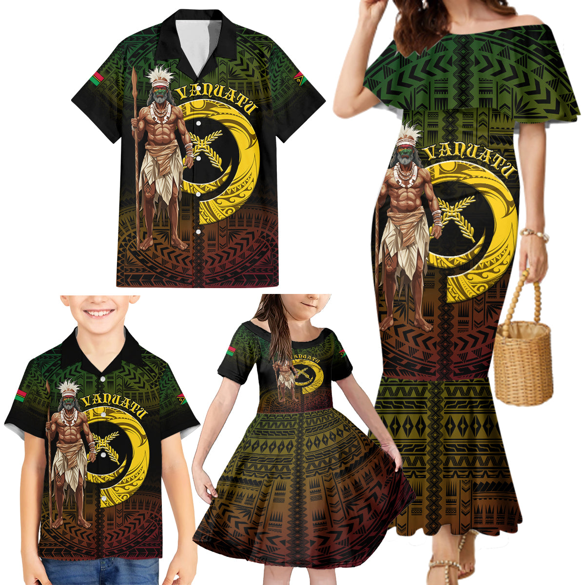 Personalised Vanuatu Custom Chiefs Day Family Matching Mermaid Dress and Hawaiian Shirt Pig Tusk Simple Style LT05 - Polynesian Pride