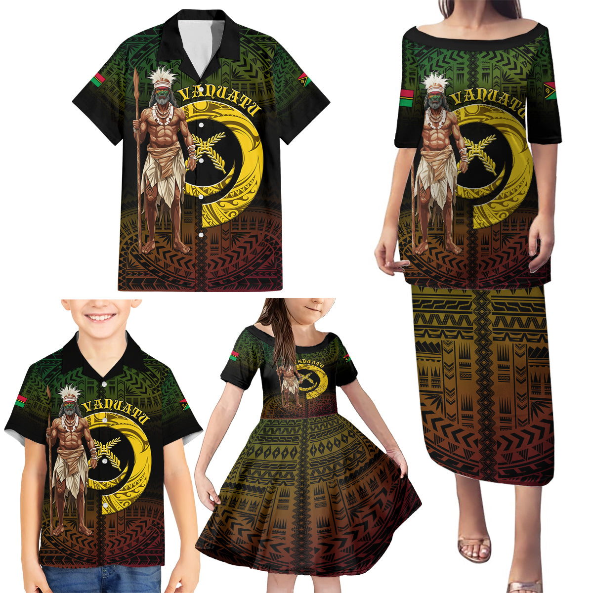 Personalised Vanuatu Custom Chiefs Day Family Matching Puletasi and Hawaiian Shirt Pig Tusk Simple Style LT05 - Polynesian Pride