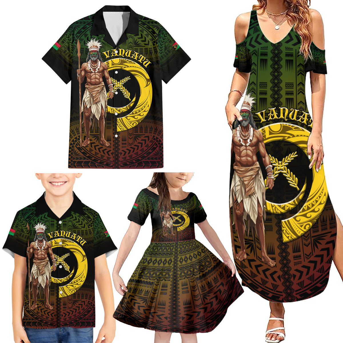 Personalised Vanuatu Custom Chiefs Day Family Matching Summer Maxi Dress and Hawaiian Shirt Pig Tusk Simple Style LT05 - Polynesian Pride