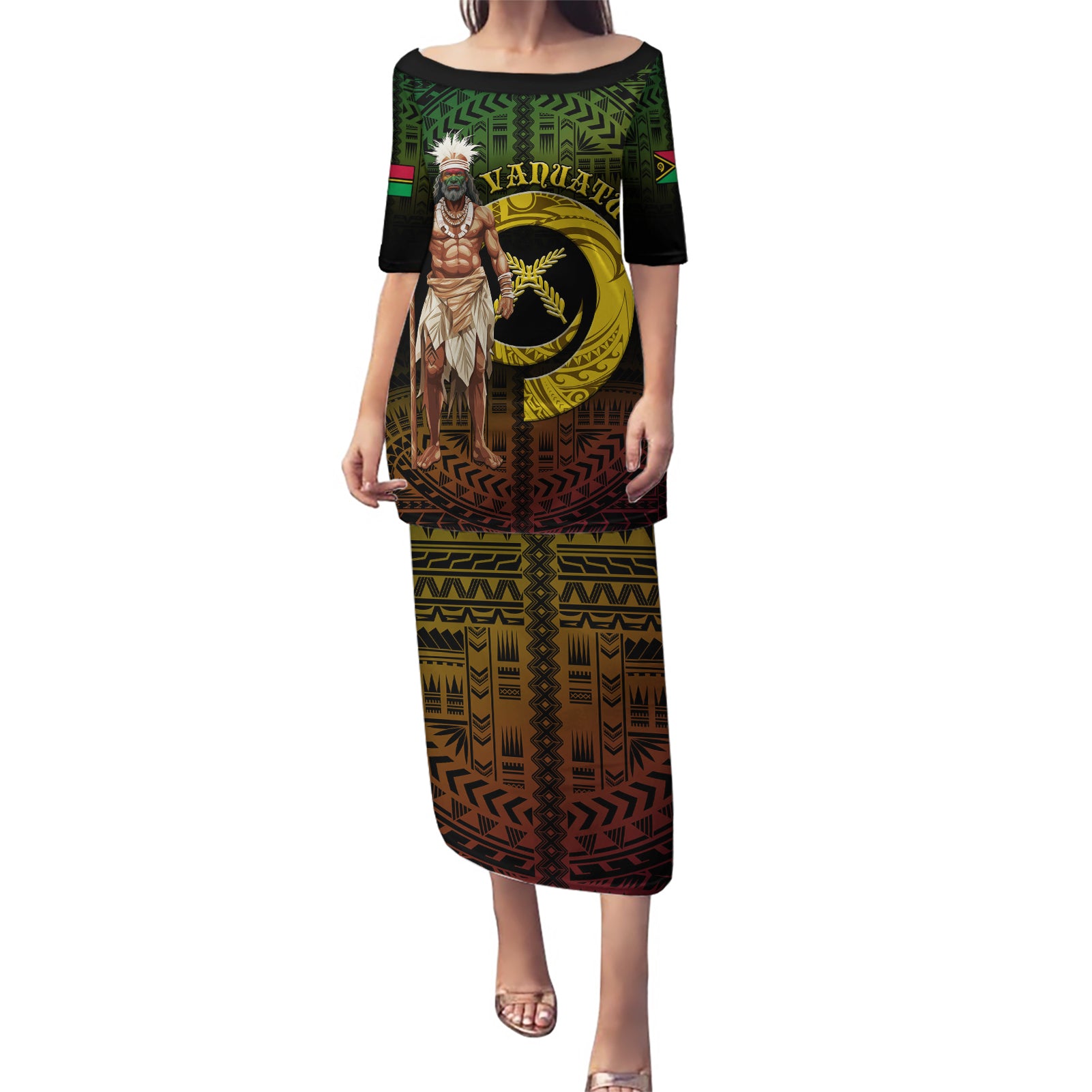 Personalised Vanuatu Custom Chiefs Day Puletasi Pig Tusk Simple Style LT05 Long Dress Black - Polynesian Pride