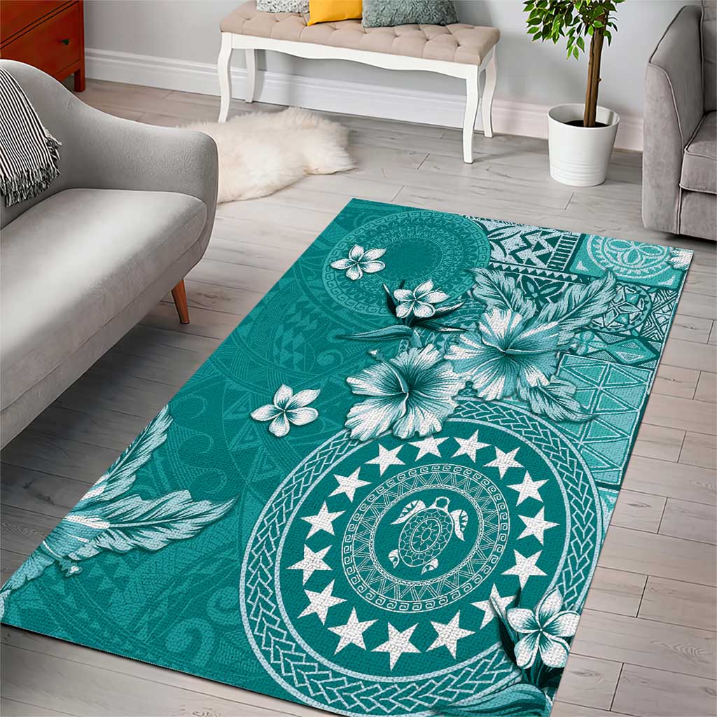 Cook Islands Area Rug Teal Hibiscus And Stars