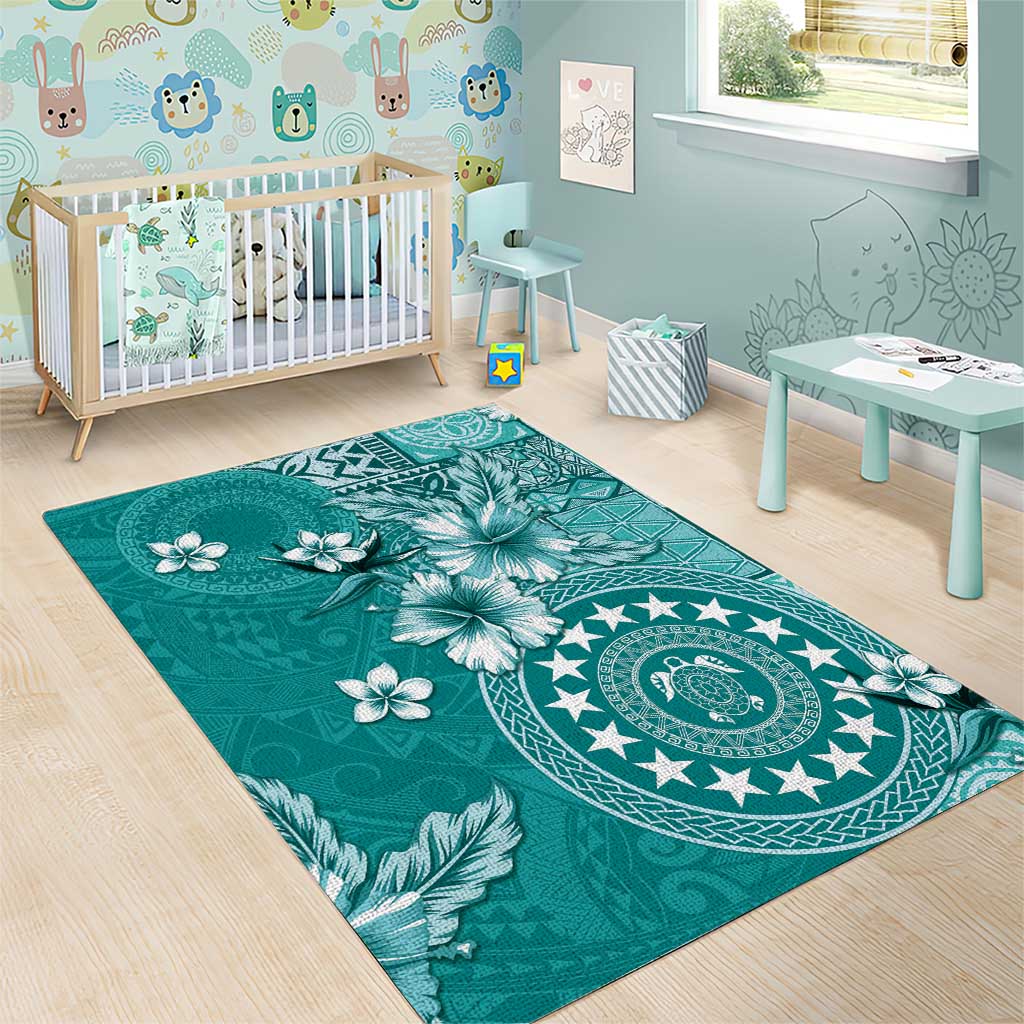 Cook Islands Area Rug Teal Hibiscus And Stars