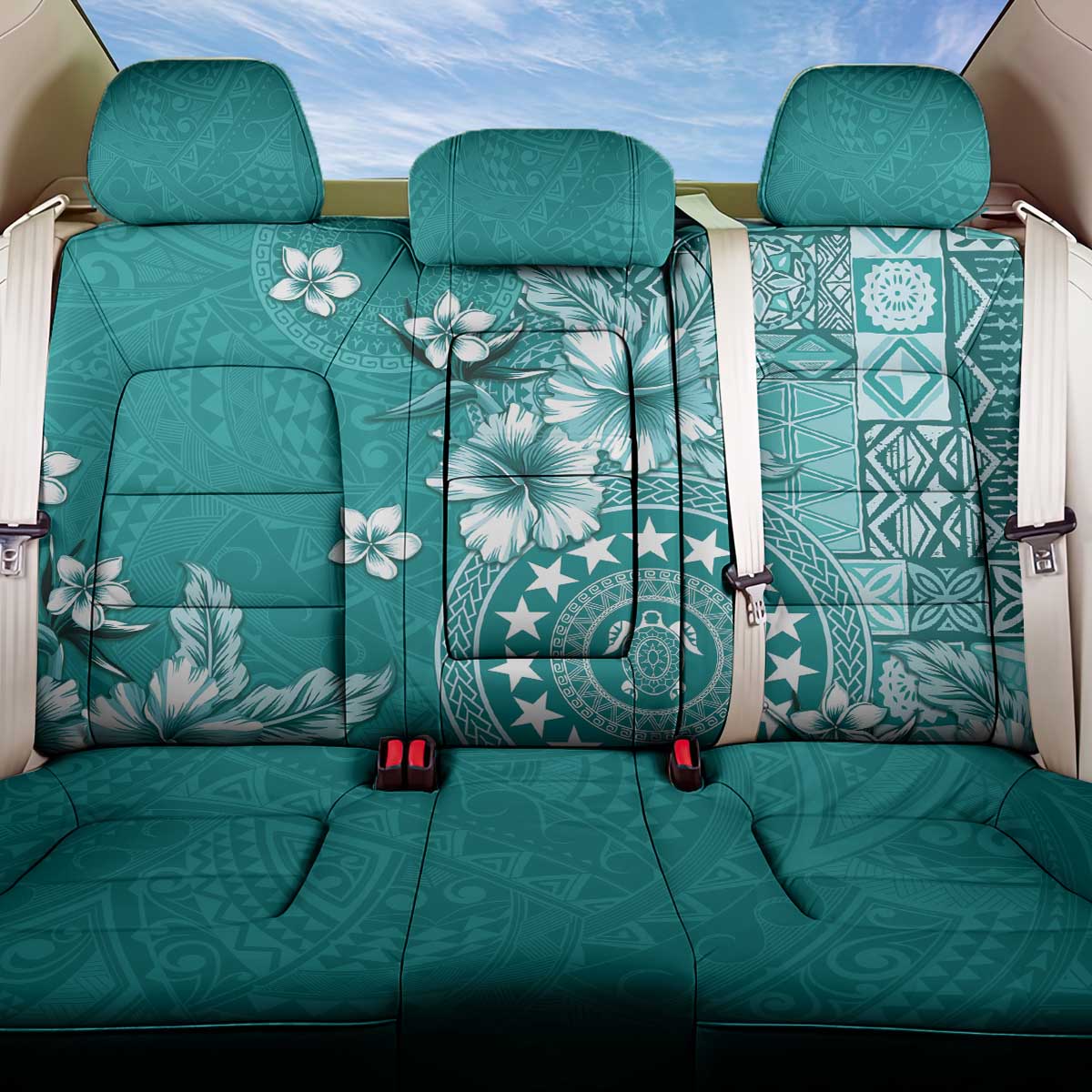 Cook Islands Back Car Seat Cover Teal Hibiscus And Stars