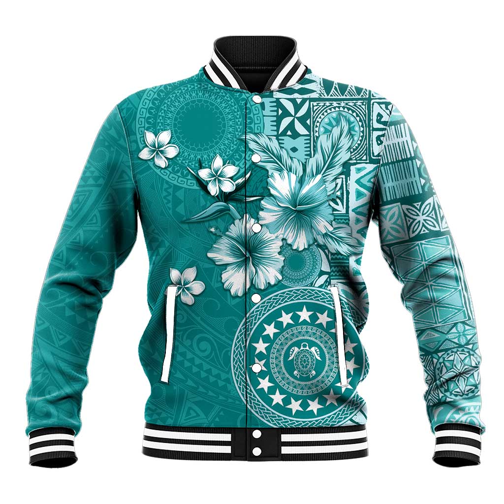 Cook Islands Baseball Jacket Teal Hibiscus And Stars LT05 Unisex Teal - Polynesian Pride