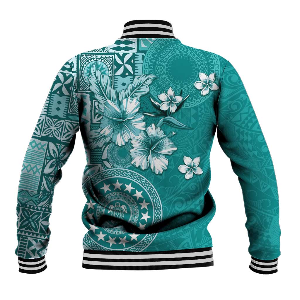 Cook Islands Baseball Jacket Teal Hibiscus And Stars LT05 - Polynesian Pride