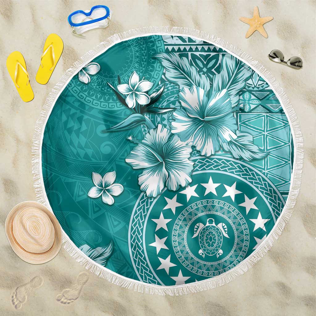 Cook Islands Beach Blanket Teal Hibiscus And Stars LT05 One Size 150cm Teal - Polynesian Pride